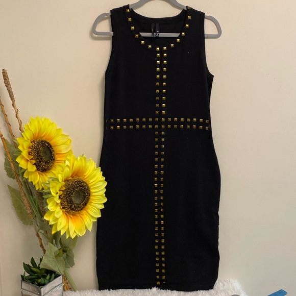 New Direction.  Gold tone embellishments Black stretch dress Sz M. - Picture 2 of 14